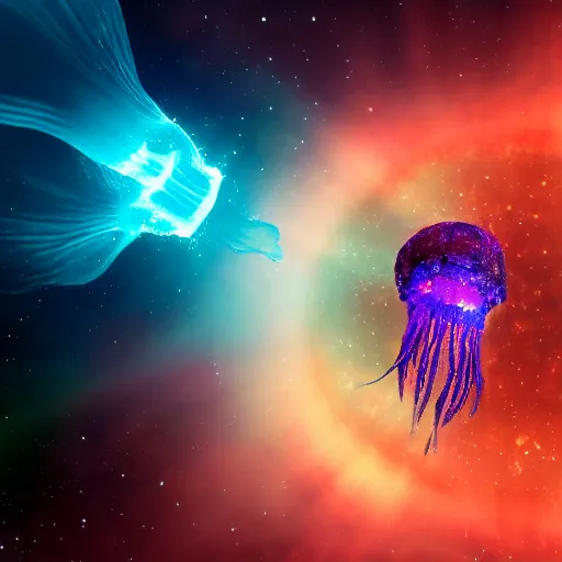 Prompt: unknown undiscovered jellyfish swimming in outer space nebula, 4 k, ultra detail, ultra realistic, 8 k, octane render, unreal engine, beeple