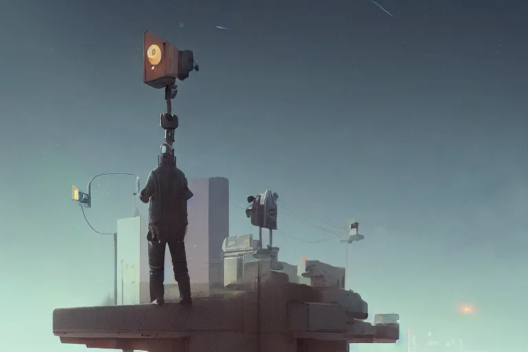 Image similar to the last on earth standing on top of street light, wide shot, sci fi, art by mike winkelmann, trending on cgsociety, retrofuturism, darksynth, sci - fi