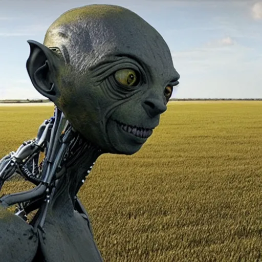 Image similar to a robot that looks like Gollum being tested in a plain field, photorealistic