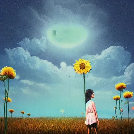 Image similar to giant daisy flower as a head, girl walking in field, surreal photography, moon light, dark night, dramatic, impressionist painting, clouds, digital painting, artstation, simon stalenhag