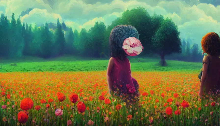 Prompt: girl with a giant flower face, surreal photography, dream, standing in flower field, hills, big trees, sunrise dramatic light, impressionist painting, colorful clouds, digital painting, pointillism, artstation, simon stalenhag, flower face