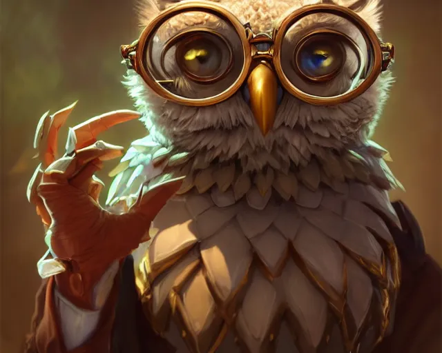 Prompt: anthropomorphic owl in glasses and from final fantasy, in a wizard science lab, deep focus, league of legends, d & d, fantasy, intricate, elegant, highly detailed, digital painting, artstation, concept art, matte, sharp focus, illustration, hearthstone, art by artgerm and greg rutkowski and alphonse mucha