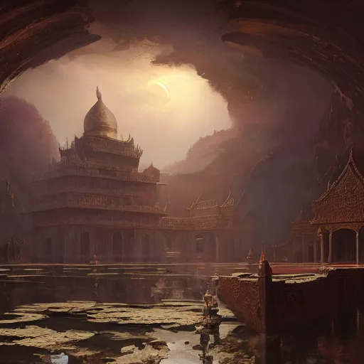 Image similar to Persia temple keep on glorious cliff moat with the crescent moon rippling above. Craig Mullins, Dylan Cole, Liang Mark, Darek Zabrocki, Finnian MacManus, Sung Choi, Ruan jia, Albert Bierstadt Greg Rutkowski, Cinematic Keyframe Environmental & Architectural Design Concept Art, Trending on ArtStation