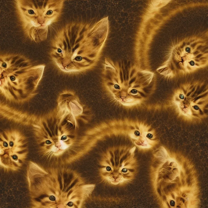 Image similar to kitten hivemind, kitten fractal spiral, matte oil painting, by leonardo da vinci, repeating, infinite recursion, extremely detailed, sharp focus, 4 k