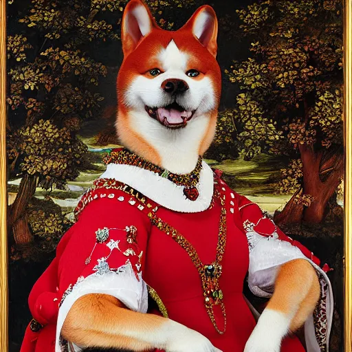 Image similar to potrait of red akita inu dog dressed as a queen in an ornate dress, renaissance painting