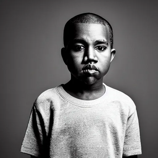 Prompt: the face of young kanye west wearing yeezy clothing at 7 years old, black and white portrait by julia cameron, chiaroscuro lighting, shallow depth of field, 8 0 mm, f 1. 8