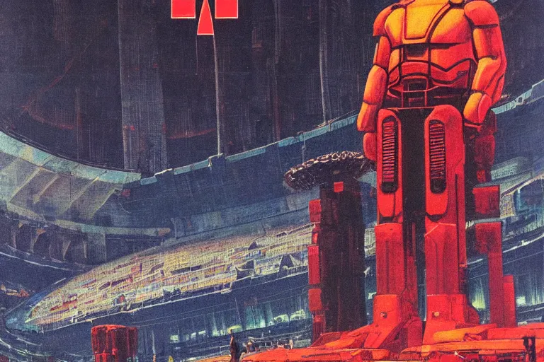 Image similar to 1979 OMNI Magazine Cover depicting an android Goliath standing in a coliseum. Cyberpunk Akira style by Vincent Di Fate