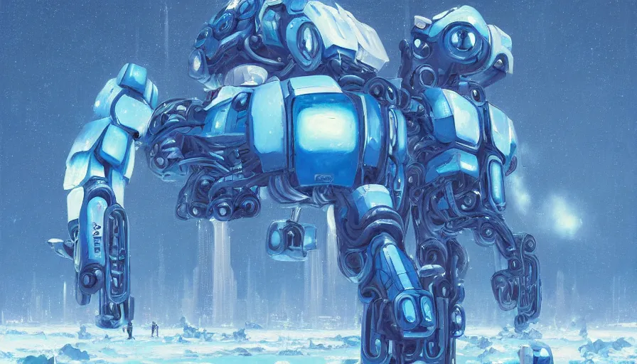 Prompt: an intricate oil painting of a giant pristine icey blue metal anime humanoid mecha with rounded components by simon stalenhag, icey tundra background