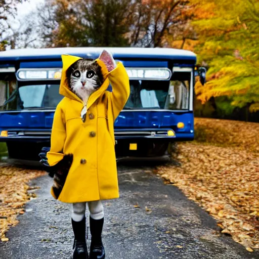 Prompt: anthropomorphic cute kitten wearing a yellow raincoat and yellow boots getting on the school bus on the first day of kindergarten, with colorful fall leaves and light rain, by Wes Anderson