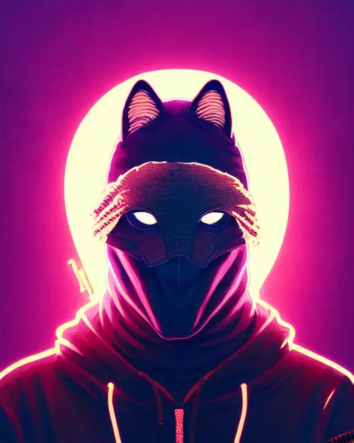 Prompt: synthwave, hyper - realistic portrait of a man in a hoodie, with kitsune mask, intricate, 4 k, by atey ghailan, by greg rutkowski, by greg tocchini, by james gilleard, by joe fenton, by kaethe butcher, dynamic lighting, lighting color scheme, sharp focus, grunge aesthetic