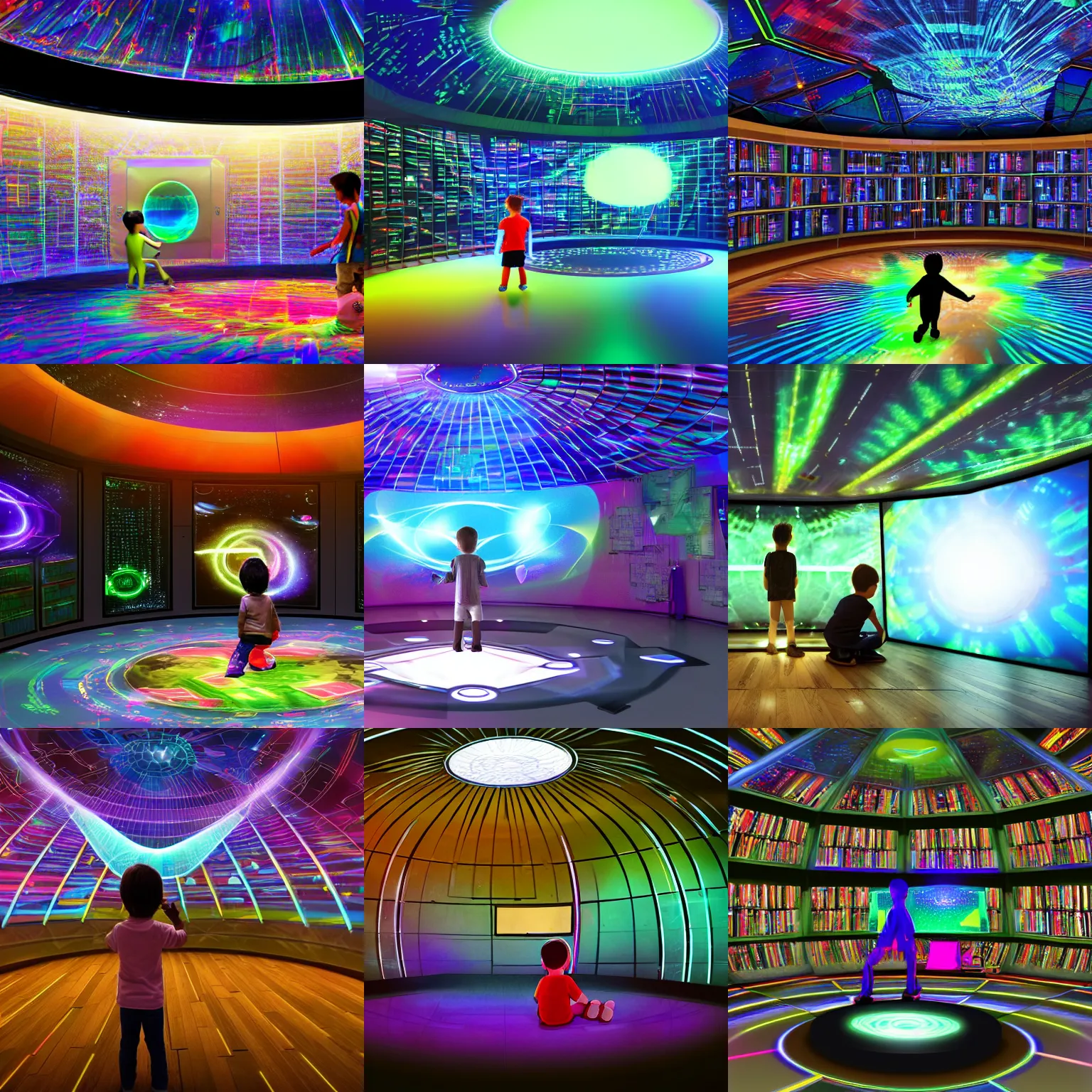 Prompt: child playing under a massive hologram holographic virtual action game ui projection light, massive computer contraption, in a scifi cyber library workshop yurt interior patterned fabrics, concept art scene