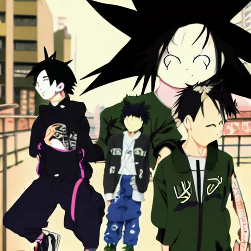 Image similar to japanese goth boy, anime boy, black hair, upturned collar, absurd spiky hair, rollerblading, rollerskates, cel - shading, 2 0 0 1 anime, flcl, jet set radio future, golden hour, japanese town, concentrated buildings, japanese neighborhood, construction site, cel - shaded, strong shadows, vivid hues, y 2 k aesthetic