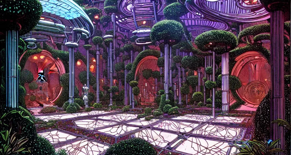 Image similar to a luxurious scifi futuristic victorian garden courtyard by killian eng, moebius, philippe druillet