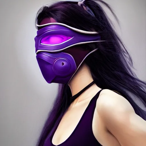 Prompt: photo of a gorgeous caucasian female with long dark purple hair in the style of stefan kostic, tank top, mask, realistic, cyberpunk, body shot, sharp focus, 8 k high definition, insanely detailed, intricate, elegant, art by stanley lau and artgerm, floating embers