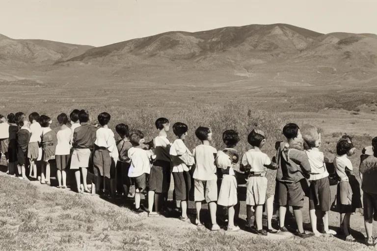 Image similar to A line of children waiting to look through a telescope, Ansel Adams