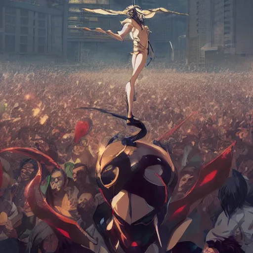 Prompt: An anime character giving a display of power in the middle of the crowd, hyper-realistic, artstation, Greg rutkowski, cinemátic