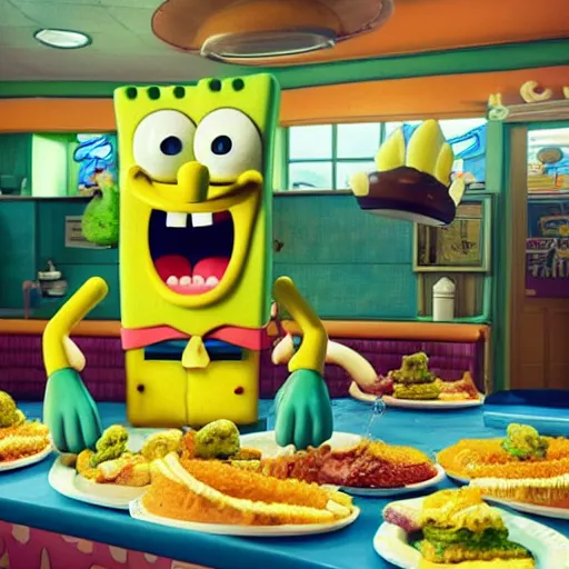 Image similar to hyperrealistic spongebob squarepants eating at the krusty krab, inspired by stephen hillenburg, perfect symmetry, dim volumetric cinematic lighting, 8 k octane comprehensive render, extremely hyper - detailed attributes & atmosphere, intricately proportional, masterpiece, artstation, stunning,