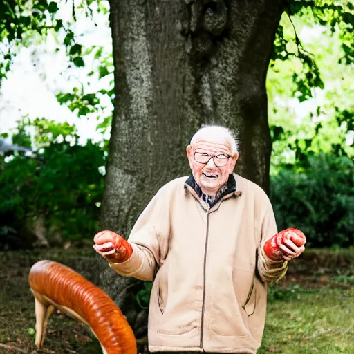 Prompt: An elderly man with sausages in his ears, Canon EOS R3, f/1.4, ISO 200, 1/160s, 8K, RAW, unedited, symmetrical balance, in-frame