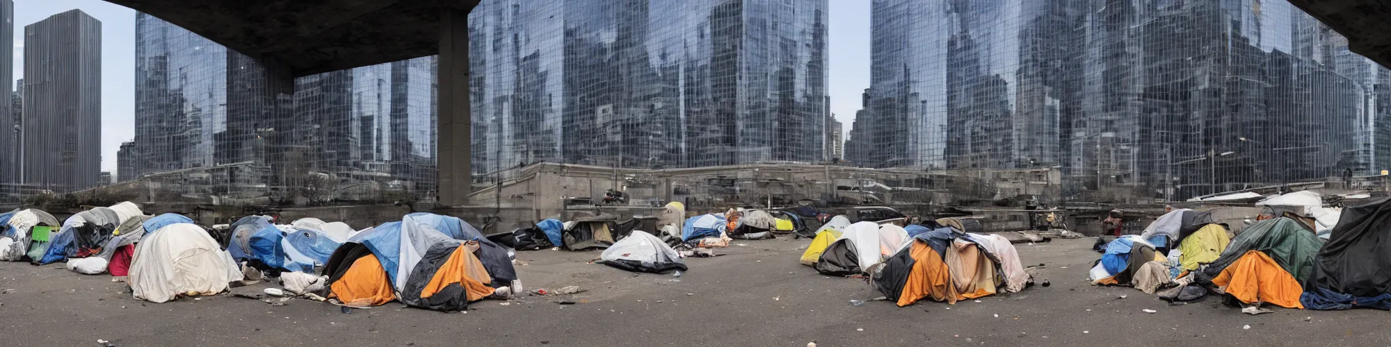 Prompt: a homeless encampment under an overpass with skyscrapers in the background