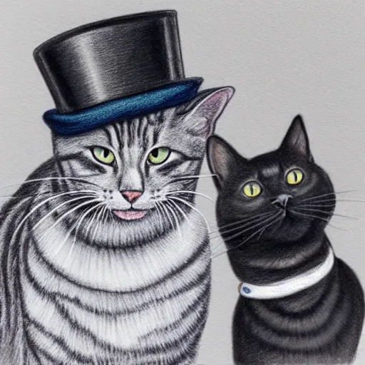 Image similar to portrait of grey tabby cat wearing a top hat next to a black cat wearing a pearl necklace, detailed colored pencil drawing 4 k