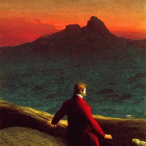 Prompt: a figure watches epic view of distant red sunset above mountainscape and sea, by Caspar David friedrich