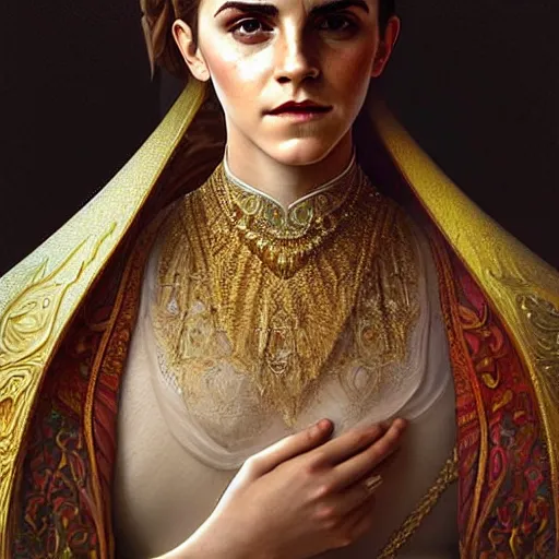 Image similar to emma watson portrait of ottoman sultan gog, female, clear face, symetrical, masculine, full body, muscular, fantasy, intricate, elegant, highly detailed, digital painting, artstation, concept art, matte, sharp focus, illustration, art by artgerm and greg rutkowski and alphonse mucha