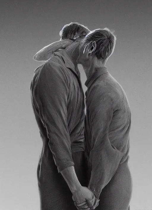 Prompt: close up portrait of Mads Mikkelsen!!! and Hugh Dancy!!! holding hands romantically as they chaperone school dance by ((Zdzislaw Beksinski)), Michael Whelan, Bob Larkin and Tomer Hanuka, simple illustration, domestic, nostalgic, clean, Matte painting, trending on artstation and unreal engine, New Yorker magazine cover