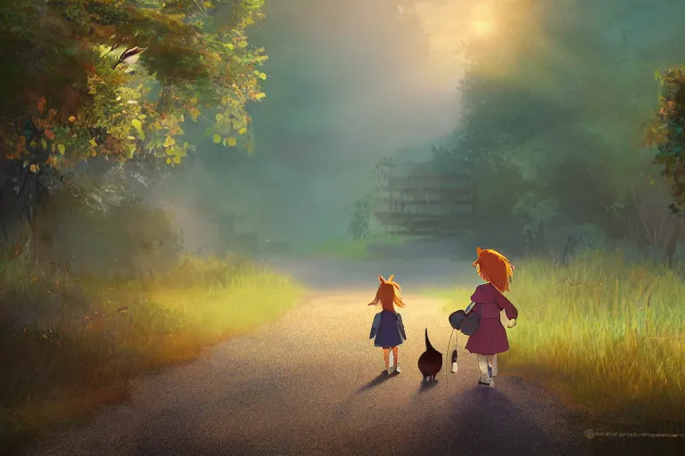 Image similar to a young girl walking to school with her pet fox, matte painting in the style of studio ghibli, early morning light, sunrise, cinematic lighting