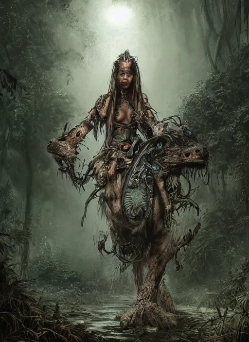 Image similar to a portrait of a very beautiful cute tribal woman riding a mutated jaguar in a post apocalyptic city overgrown with lush vegetation, by Luis Royo, by Greg Rutkowski, dark, gritty, intricate, backlit, strong rimlight, cover illustration, concept art, volumetric lighting, volumetric atmosphere, sharp focus, octane render, trending on artstation, 8k