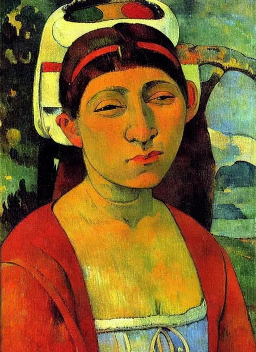 Image similar to portrait of young woman in renaissance dress and renaissance headdress, art by paul gauguin