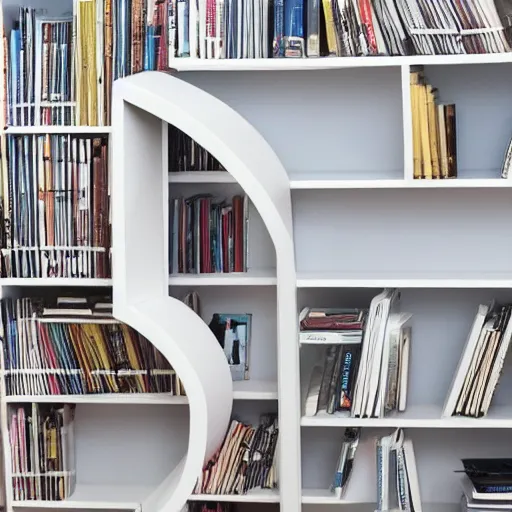 Image similar to photo of white bookshelf shaped like a spiral on white background