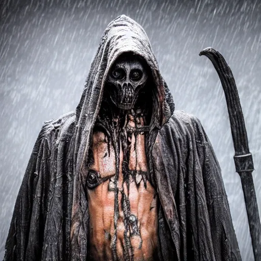 Image similar to photo taken of an epic intricate, ultra detailed, super realistic gritty, wet, slimy, lifelike sculpture of a nightmarish hellish humanoid hooded grim reaper, creature design created by weta workshop, menacing, some zoomed in shots, photorealistic, sharp focus, extremely cold blueish colour temperature, f 0. 4, full body shot