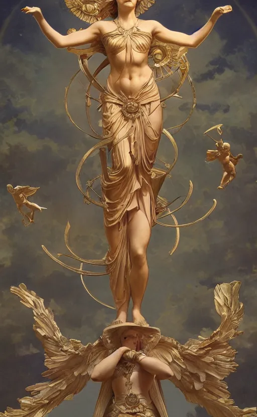 Prompt: statue of the goddess of the sun helios with four arms descending from olympus, artstation, concept art, smooth, sharp focus, illustration, art by artgerm and greg rutkowski and alphonse mucha and william adolphe bouguereau and john william waterhouse