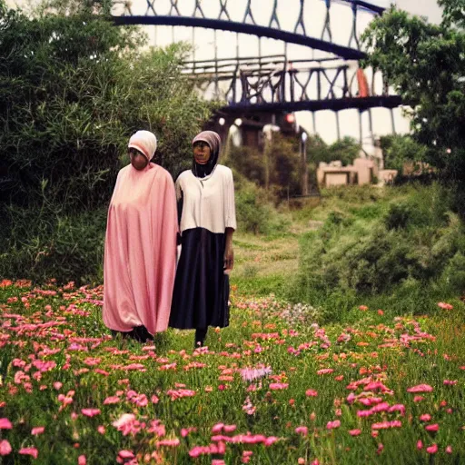 Image similar to somali friends, vintage, studio ghibli, field of flowers, city bridge, beautiful, happy, dreamy, pastel