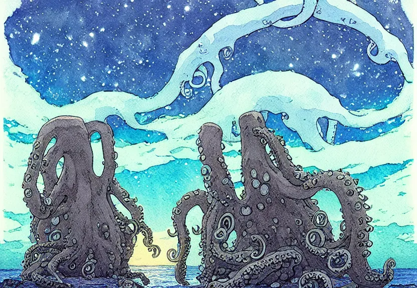 Image similar to a simple watercolor studio ghibli movie still fantasy concept art of stonehenge at the bottom of the ocean. a giant octopus from princess mononoke ( 1 9 9 7 ) is holding large stones. it is a misty starry night. by rebecca guay, michael kaluta, charles vess