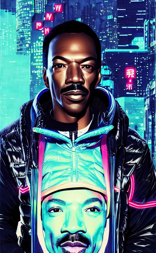 Prompt: detailed portrait Eddie Murphy Neon Operator, cyberpunk futuristic neon, reflective puffy coat, decorated with traditional Japanese ornaments by Ismail inceoglu dragan bibin hans thoma greg rutkowski Alexandros Pyromallis Nekro Rene Maritte Illustrated, Perfect face, fine details, realistic shaded, fine-face, pretty face