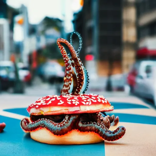 Image similar to octopus made of steel eating fastfood, 5 5 mm