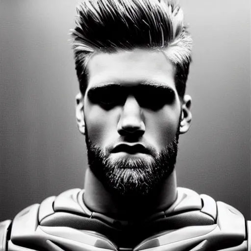 Image similar to “a realistic detailed photo of a guy who is an attractive humanoid who is half robot and half humanoid, who is a male android, baseball player Bryce Harper, shiny skin, posing like a statue, blank stare”