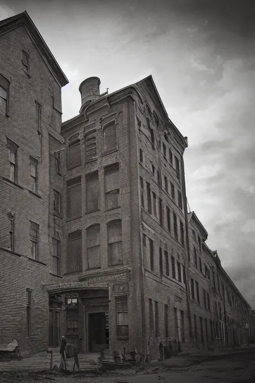 Prompt: ambrotype huge old building town blackburn 1 8 9 0 s old photo cinematic, detail, ultrarealism, atmospheric, epic, movie still, 3 d, cinematic lighting, illustration