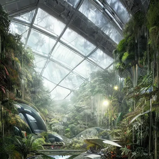 Prompt: stunning indoor lsd jungle by greg rutkowski inside epic high technology biodome designed by zaha hadid, ultra detailed, trending on deviantart