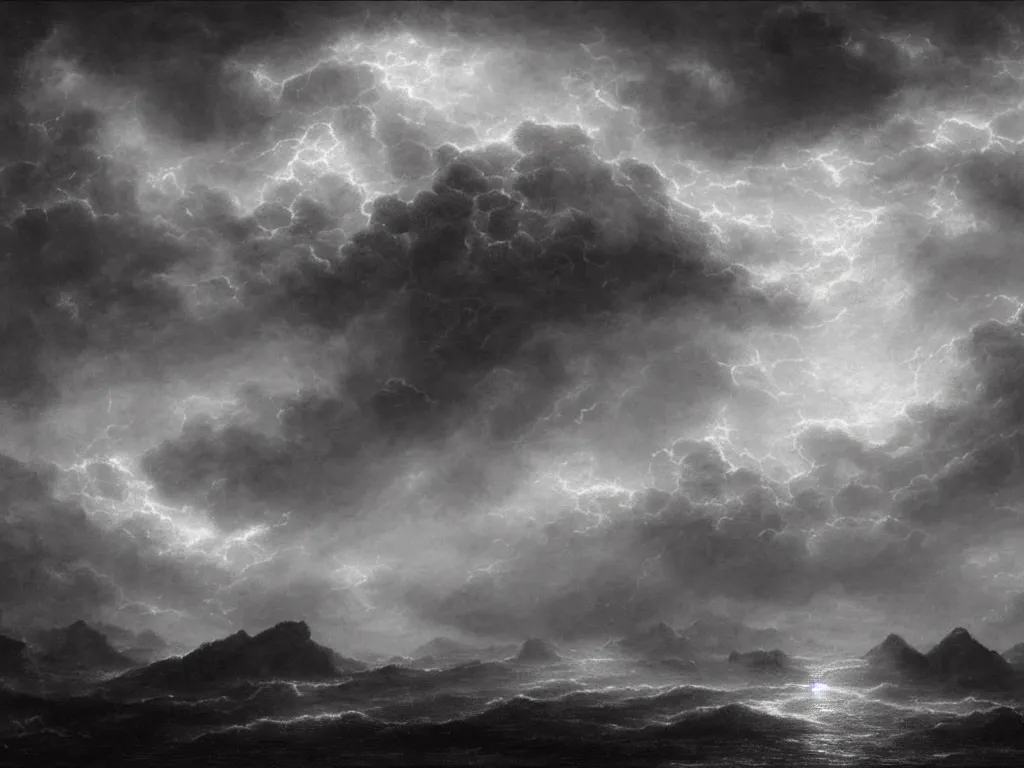 Image similar to very detailed, dark super storm, hyper realistic clouds that resemble large mountains, levitating large rocks. impressive, magical, very atmospheric, fog, cinematic, deep, very high complexity, stunning, dramatic masterpiece, iridescent, chiaroscuro, by gustave dore, caspar david friedrich, ian miller, very detailed. 4 k