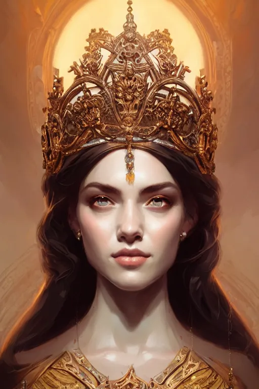 Image similar to highly detailed portrait of an elegant goddess, ornate crown, beautiful symmetrical face, digital painting, artstation, concept art, smooth, clear focus, illustration, greg rutkowski, artgerm, global lighting, detailed and fantasy