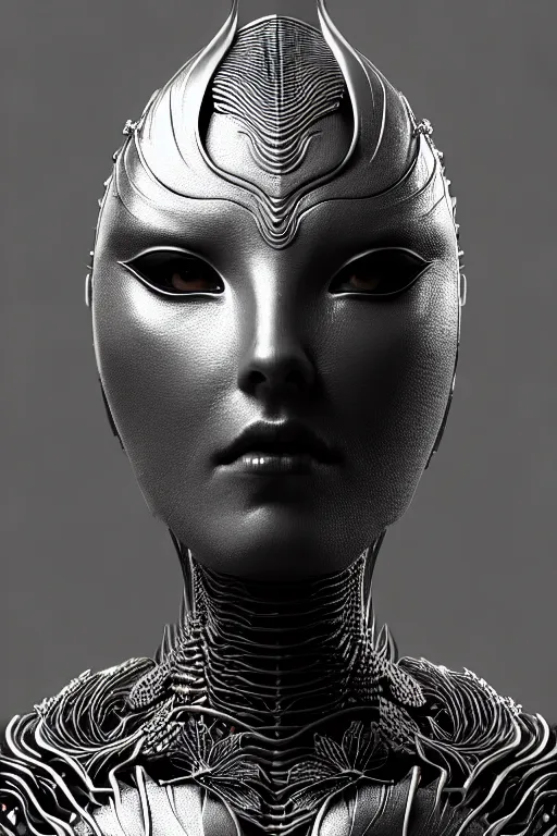 Image similar to bw contrasted close - up profile face, black background, beautiful young porcelain vegetal - dragon - cyborg - female, 1 5 0 mm, beautiful natural soft rim light, silver gold details, magnolia leaves and stems, roots, mandelbot fractal, elegant, ultra detailed, white metallic armour, octane render, h. r. giger style