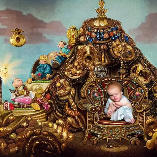 Image similar to a baby crawls away from a pile of jewels and toward a pile of coal in a throne room, detailed and realistic matte painting