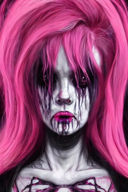 Prompt: portrait of a creepy horror punk girl pink hair, tears eyes . intricate abstract. intricate artwork. nightmare fuel. terrifying. by Tooth Wu, wlop, dan mumford , trending on artstation, greg rutkowski very coherent symmetrical artwork. cinematic, hyper realism, high detail, octane render, 8k, iridescent accents