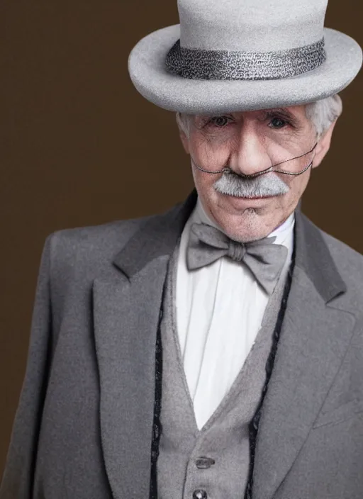 Prompt: grey haired man in beige top hat and silver monocle, intricate, highly detailed, face enhance