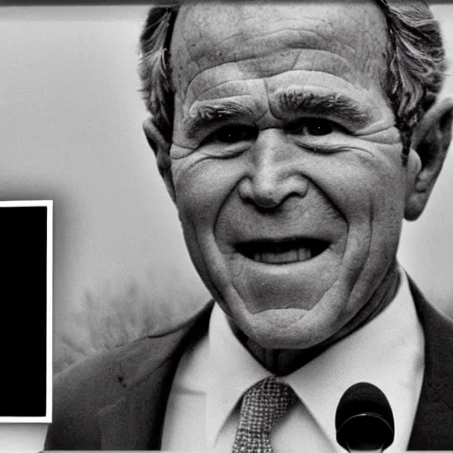 Prompt: George Bush on a cctv camera, late at night in the woods, black and white, blurry footage