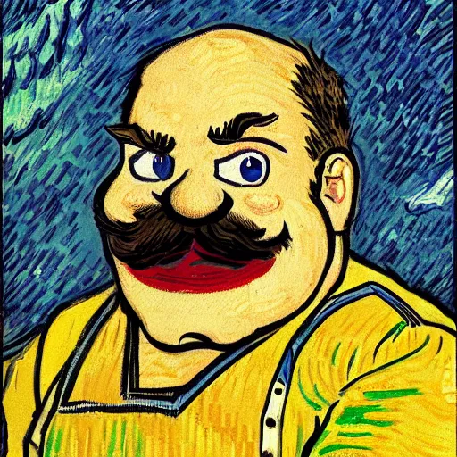 Prompt: wario from the super mario series, painted by vincent van gogh in high detail and greatly illustrated.