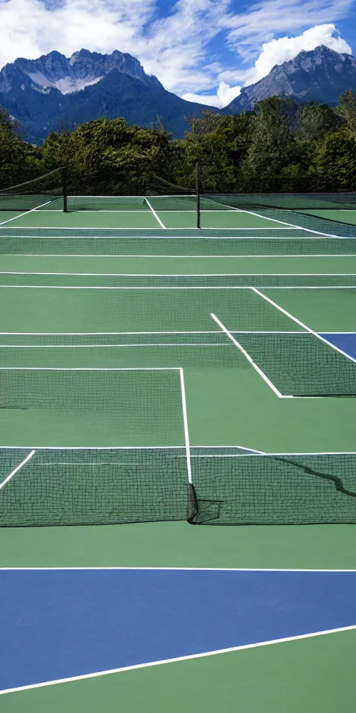 Prompt: The tennis court of the seaside resort, with a mountain background, taken by a professional photographer.