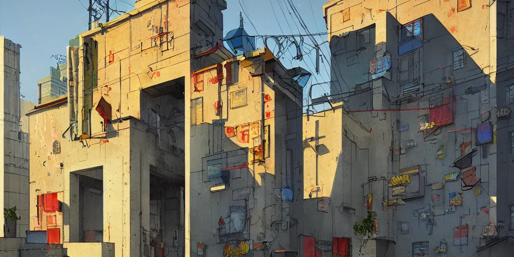 Image similar to neo brutralism, concrete housing, an archway, concept art, colorful, vivid colors, sunshine, light, shadows, reflections, oilpainting, cinematic, 3D, in the style of Akihiko Yoshida and Edward Hopper